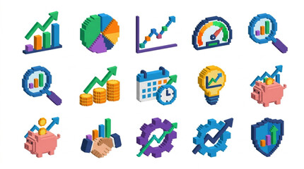 Fototapeta premium Collection of 3D business and finance icons representing growth and analysis.