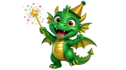 Fototapeta premium Green dragon mascot with party hat and magic wand.