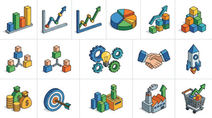 Fototapeta premium Isometric Business Icons Representing Growth and Success.
