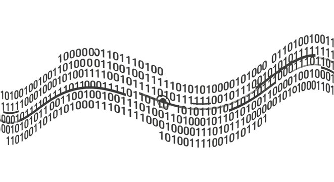 Wavy stream of binary code data in black and white