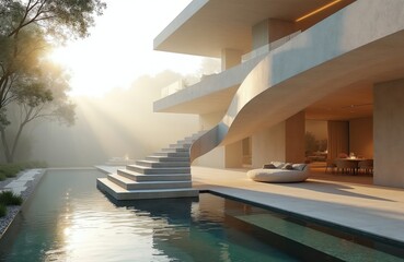 Fototapeta premium Modern luxury villa with floating staircase beside pool. Sunlight streams through trees creating soft mist. Elegant outdoor living space features contemporary design and serene atmosphere.
