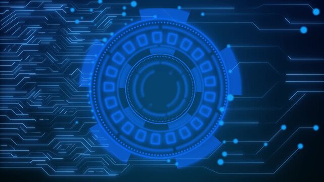 Technology network animation details blue digital circuit board lines. High tech technology network animation spins tracking rings. Clean technology network animation loops grids.