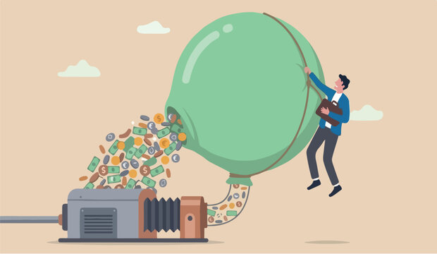 Financial bubble to theby QE injected money concept, businessman investor holding flying balloon tight afraid to fall off