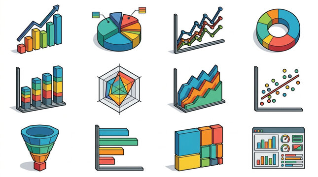 Collection of colorful isometric business charts and graphs icons.