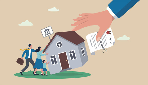 Eviction mortgage debt foreclosure difficulty payback bank mortgage loan concept, bankruptcy man family fighting hold into back their house with big legal hand evict by law