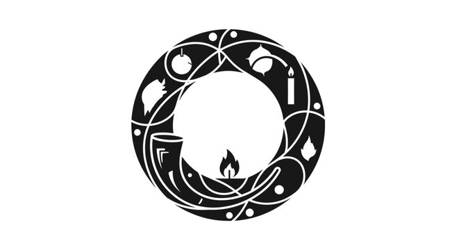 Abstract circular icon with Jewish holiday symbols and ritual objects.