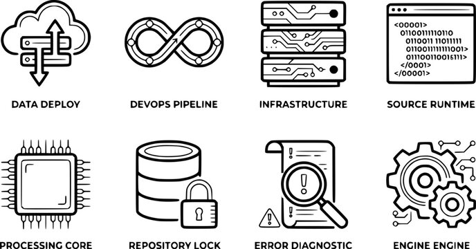 Software development and dev ops icon set with software development deployment