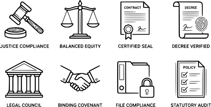 Legal and compliance icon set outline illustration with compliance, document