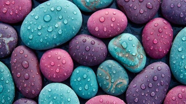 Colorful wet pebbles with clear water drops in soft natural light for spa and wellness concepts