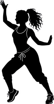 Woman in dynamic dance pose with raised arm and flowing hair in studio