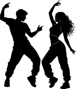 A man and woman are dancing together energetically outdoors at night.