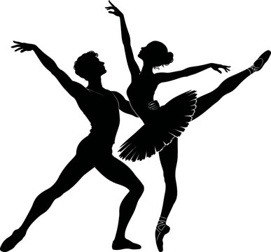Ballet dancers perform a dynamic pose with elegant movements in a studio