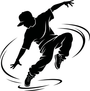 A dynamic dancer performs a move in a studio with energetic motion lines around him.