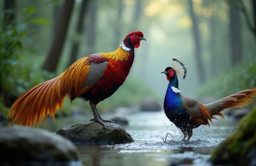 Fototapeta premium Two colorful pheasants stand near forest stream. One bird rests on rock, other splashes water. Rich green trees and soft light create tranquil natural backdrop.
