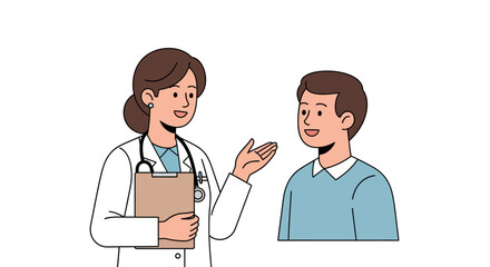 Obraz premium Female doctor in a white coat with a stethoscope talking to a smiling male patient during a medical consultation.