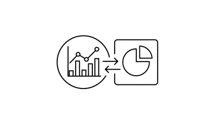 Fototapeta premium Data analysis and visualization icons: bar chart and pie chart with arrows, representing data processing.