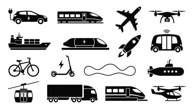 Transportation modes and vehicles icons set including electric car train plane drone ship bullet train rocket van bicycle scooter submarine cable car