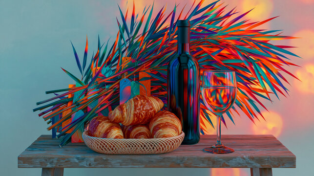 Colorful Croissant Breakfast Still Life with Wine and Wineglass
