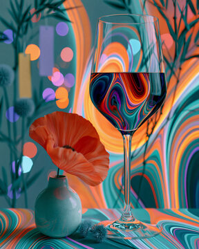 Abstract Colorful Wine Glass and Poppy Flower Still Life