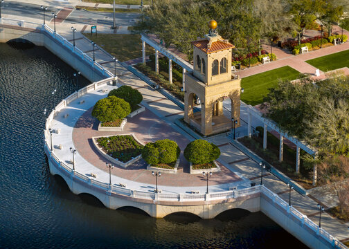 Aerial View of the Iconic Tower and Waterfront Promenade at Cranes Roost Park in Altamonte Springs, Florida, USA. February 7, 2024. 