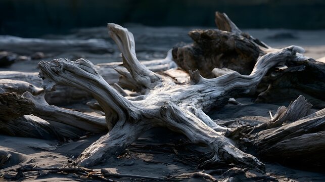 A textured seashore featuring driftwood and abstract forms highlights dynamic movement along the natural coastline