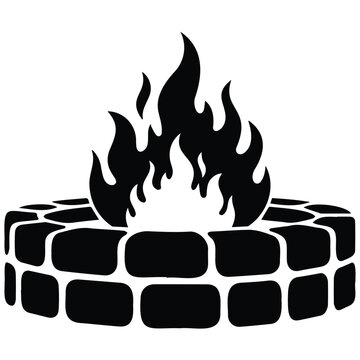 Stone fire pit vector silhouette illustration with large flames for outdoor camping theme.