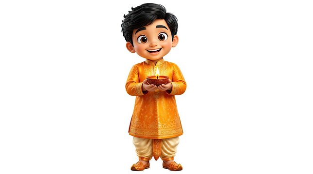 Little boy wearing ethnic yellow outfit holding oil lamp.