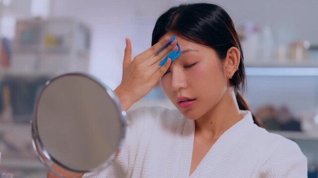 Asian woman makeup remover cotton pad skincare bathroom mirror robe cleansing face eye cosmetic cream gentle cheek calm beauty routine clean skin care lifestyle