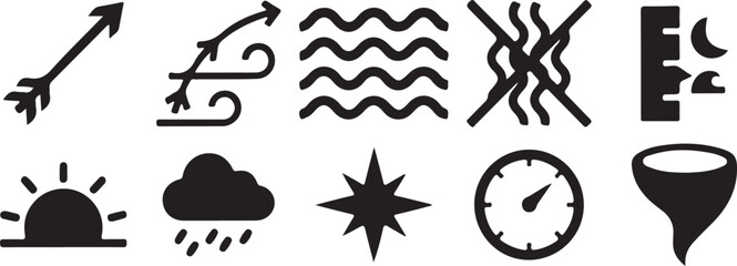 Fototapeta premium Comprehensive weather and navigation symbol set for monitoring conditions.