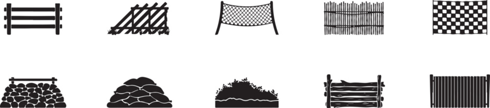 Different types of fence and barrier silhouettes for garden security.