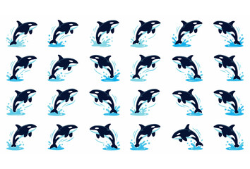 Orca Killer Whale Jumping Splashing Water Vector Flat Icon Set Navy Blue Marine Animal Collection © Abddulah