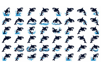 Orca Killer Whale Silhouette Vector Icon Set Jumping Splashing Ocean Wave Blue Black Collection © Abddulah