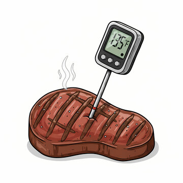 Grilled Beef Steak with Digital Meat Thermometer Showing Temperature for Cooking Instructions