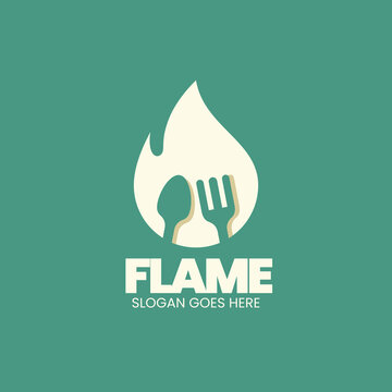 Creative flame logo with spoon and fork icon, modern vector design for restaurants, catering, food delivery, grilling, and culinary branding.