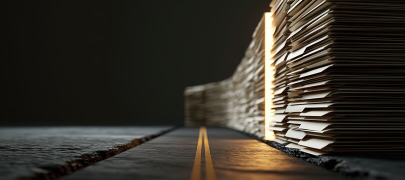 Stacked folders forming a wall blocking a miniature road with dramatic rim lighting