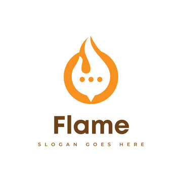 Modern flame logo vector with speech bubble icon, minimalist design, orange gradient, isolated on white, ideal for branding and communication.