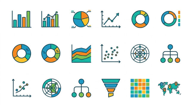 Collection of various data visualization charts and graphs icons.
