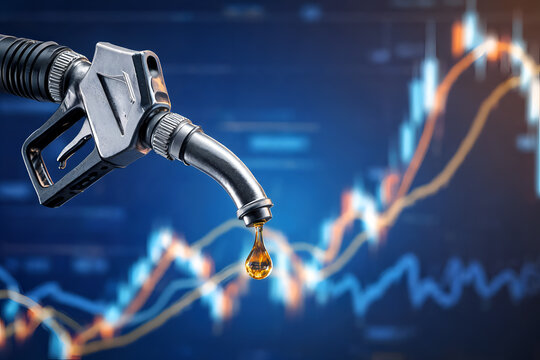Gasoline pump nozzle with drop of fuel against backdrop of economic stock market charts
