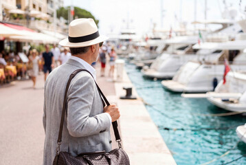 Fototapeta premium Elegant man in a blazer and hat walking along a luxury marina with his leather travel bag