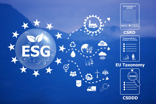 ESG text and icons on mountain background.