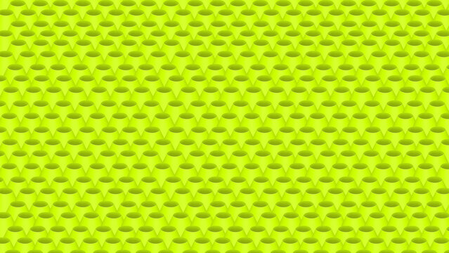 Bright lime green geometric pattern of repeating three dimensional truncated cone shapes.