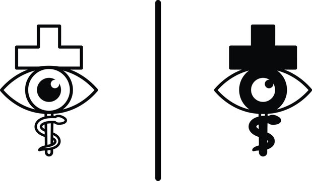Medical optometry clinic and ophthalmology hospital vector icon set. Minimalist eye view with medical cross and caduceus snake symbol line art template for vision care.