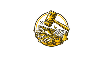 Maritime Law Concept: Gavel striking fish and crab, symbolizing justice in fishing industry © Vero