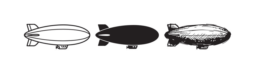 Blimp Airship Icon Set in Outline, Solid, and Hand-Drawn Sketch Styles © Ірина Гринюк