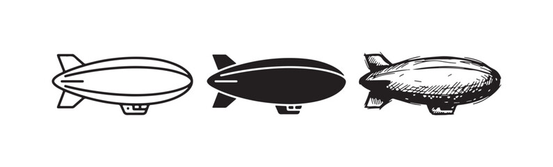 Blimp Airship Icon Set with Central Line in Outline, Solid, and Hand-Drawn Styles © Ірина Гринюк