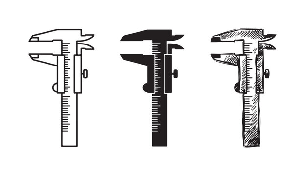 Vernier caliper measuring tool icon shown in outline, solid, and hand-drawn sketch styles