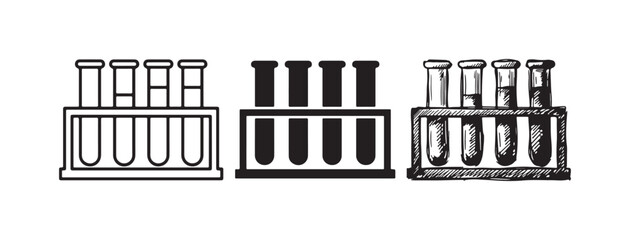 Fototapeta premium Three styles of a test tube rack icon set: outline, solid fill, and hand-drawn sketch, representing chemistry, laboratory, and scientific experiments.