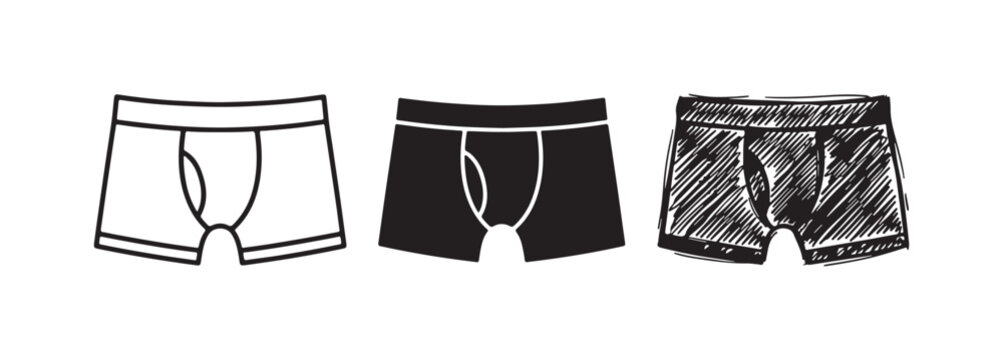 Men's boxer briefs icon set representing underwear and apparel in outline, solid, and hand-drawn doodle styles