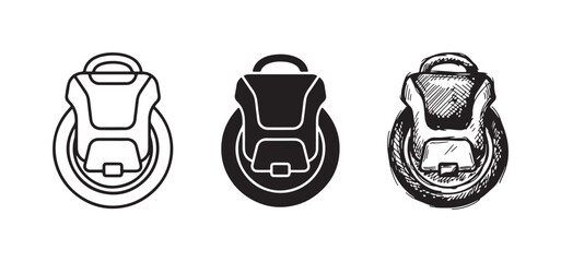Electric unicycle icon set, depicting a self-balancing personal mobility device in line art, solid glyph, and sketch styles. © Ірина Гринюк