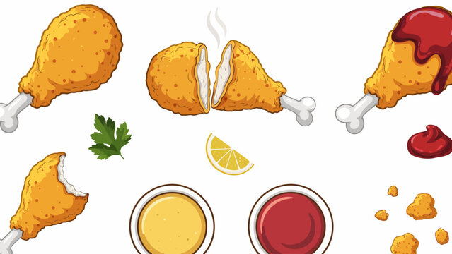 Fried chicken drumsticks with dipping sauces and condiments on white background